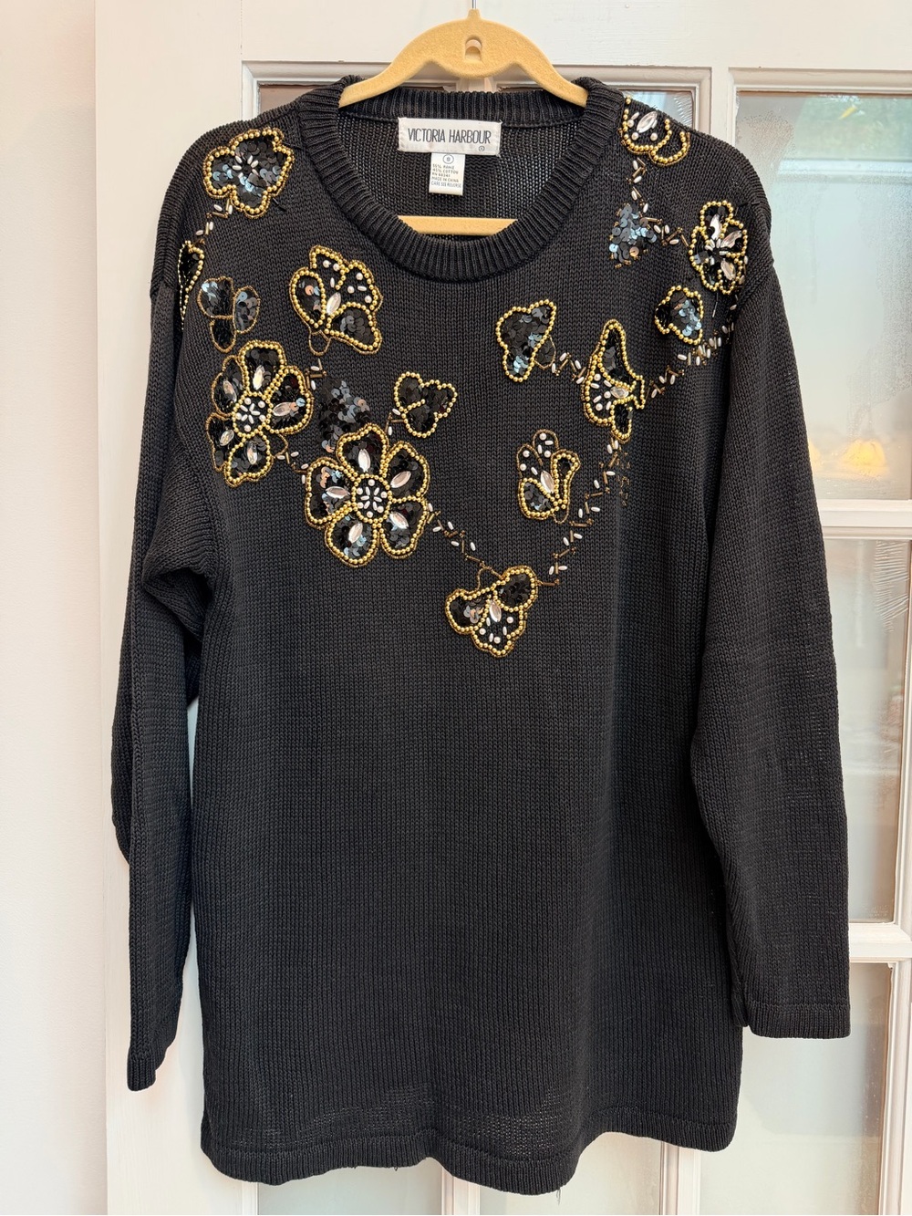 Vintage Victoria Harbor 90’s Y2K Black Embellished Sequin Floral Sweater Size S